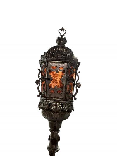 ITALIAN SILVERED BRONZE GONDOLA LANTERN MICA PANELS DOLPHIN BASE FLOOR LAMPS