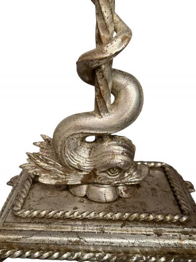 ITALIAN SILVERED BRONZE GONDOLA LANTERN MICA PANELS DOLPHIN BASE FLOOR LAMPS