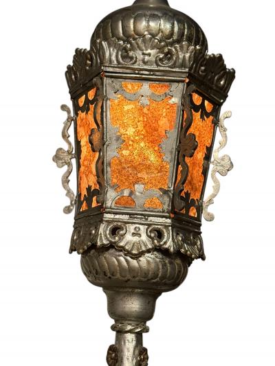 ITALIAN SILVERED BRONZE GONDOLA LANTERN MICA PANELS DOLPHIN BASE FLOOR LAMPS