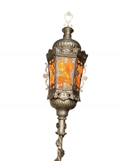 ITALIAN SILVERED BRONZE GONDOLA LANTERN MICA PANELS DOLPHIN BASE FLOOR LAMPS