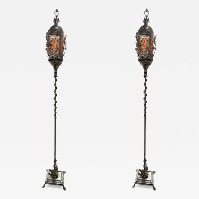 ITALIAN SILVERED BRONZE GONDOLA LANTERN MICA PANELS DOLPHIN BASE FLOOR LAMPS