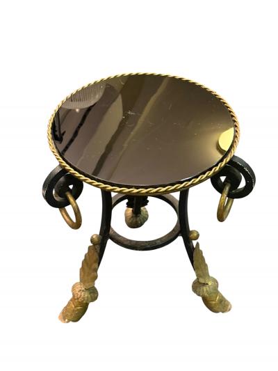 ITALIAN THREE FOOTED VITROLITE GLASS GILT METAL TABLE WITH RINGS