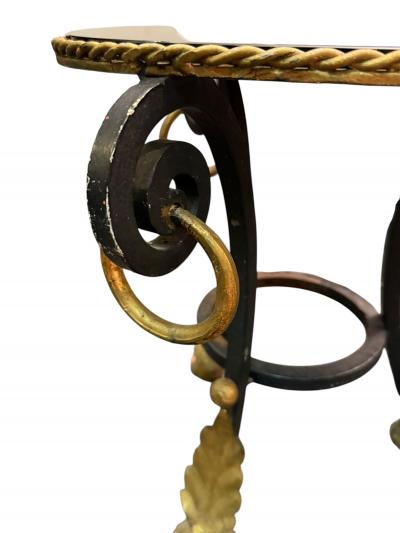ITALIAN THREE FOOTED VITROLITE GLASS GILT METAL TABLE WITH RINGS