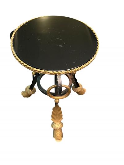 ITALIAN THREE FOOTED VITROLITE GLASS GILT METAL TABLE WITH RINGS