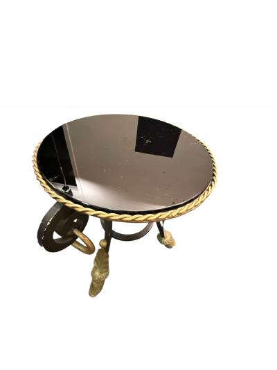 ITALIAN THREE FOOTED VITROLITE GLASS GILT METAL TABLE WITH RINGS