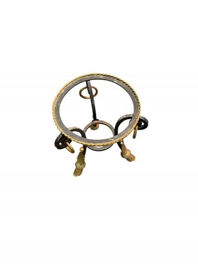 ITALIAN THREE FOOTED VITROLITE GLASS GILT METAL TABLE WITH RINGS