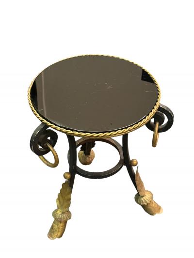 ITALIAN THREE FOOTED VITROLITE GLASS GILT METAL TABLE WITH RINGS