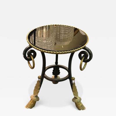ITALIAN THREE FOOTED VITROLITE GLASS GILT METAL TABLE WITH RINGS