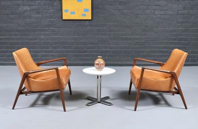 Ib Kofod Larsen Danish Modern Leather Sculpted Lounge Chairs by Ib Kofod Larsen
