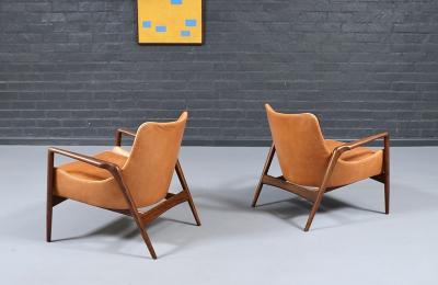 Ib Kofod Larsen Danish Modern Leather Sculpted Lounge Chairs by Ib Kofod Larsen