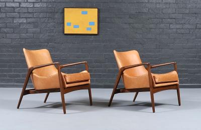 Ib Kofod Larsen Danish Modern Leather Sculpted Lounge Chairs by Ib Kofod Larsen