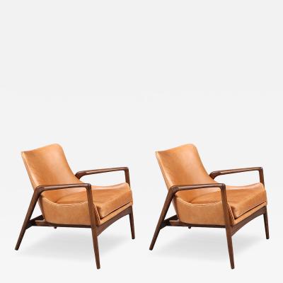 Ib Kofod Larsen Danish Modern Leather Sculpted Lounge Chairs by Ib Kofod Larsen