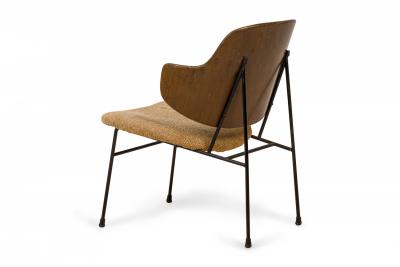 Ib Kofod Larsen I B Kofod Larsen Penguin Wood Iron and Beige Fabric Upholstered Lounge Chair