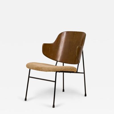 Ib Kofod Larsen I B Kofod Larsen Penguin Wood Iron and Beige Fabric Upholstered Lounge Chair