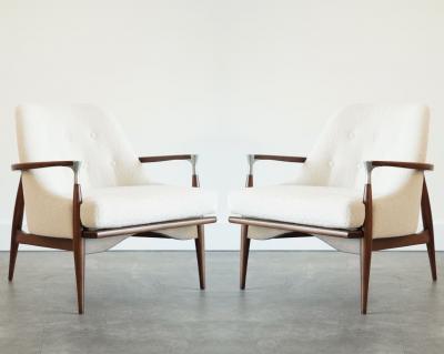 Ib Kofod Larsen IB Kofod Larsen Style Modern Lounge Chairs in Walnut Boucl C 1950s