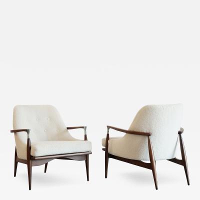 Ib Kofod Larsen IB Kofod Larsen Style Modern Lounge Chairs in Walnut Boucl C 1950s