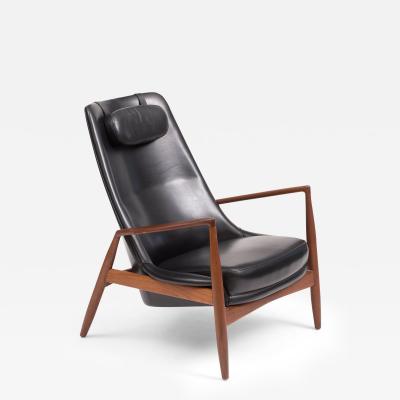 Ib Kofod Larsen Ib Kofod Larsen High Back Seal Chair in Teak and Black Leather for OPE 1960s