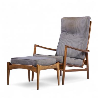 Ib Kofod Larsen Kofod Larsen for Selig Mid Century Danish Walnut Lounge Chair and Ottoman