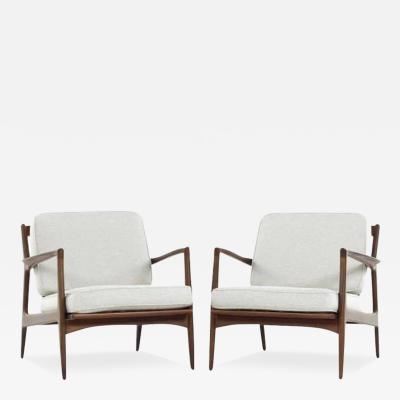 Ib Kofod Larsen Kofod Larsen for Selig Mid Century Walnut Lounge Chairs Pair