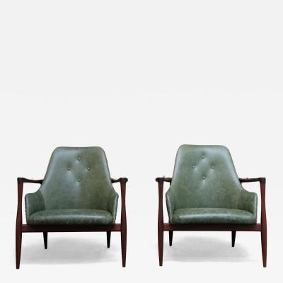 Ib Kofod Larsen Pair of Scandinavian Modern Sculptural Walnut and Leather Petite Lounge Chairs