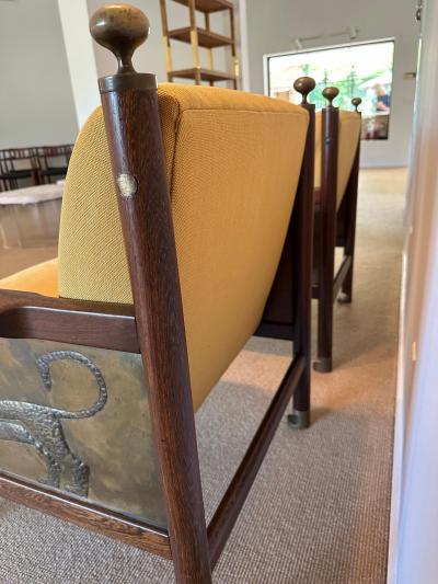 Ib Kofod Larsen Rare Pair of Ib Kofod Larsen King Solomon Armchairs w Decorative Brass Relief