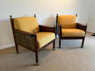 Ib Kofod Larsen Rare Pair of Ib Kofod Larsen King Solomon Armchairs w Decorative Brass Relief