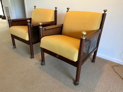 Ib Kofod Larsen Rare Pair of Ib Kofod Larsen King Solomon Armchairs w Decorative Brass Relief