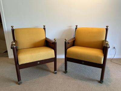 Ib Kofod Larsen Rare Pair of Ib Kofod Larsen King Solomon Armchairs w Decorative Brass Relief