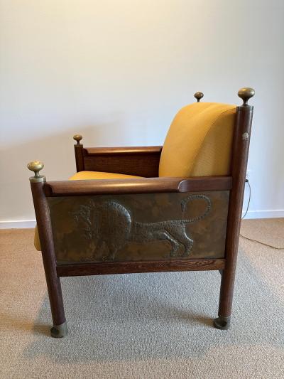 Ib Kofod Larsen Rare Pair of Ib Kofod Larsen King Solomon Armchairs w Decorative Brass Relief