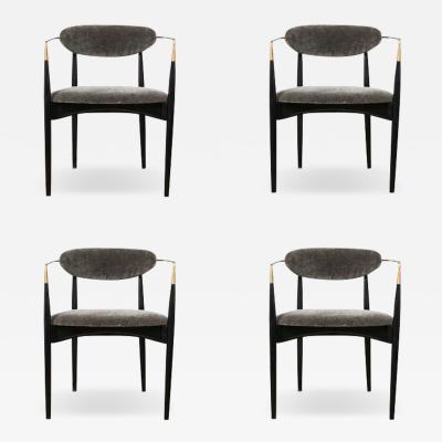 Ib Kofod Larsen Set of 4 Mid Century Modernist Chairs in Walnut with Brass Arms by Kofod Larsen