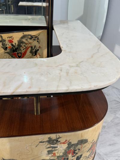 Ico Parisi Italian Bar Cabinet with Reverse Painted Panels and Marble Top