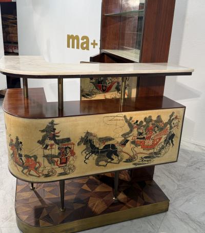Ico Parisi Italian Bar Cabinet with Reverse Painted Panels and Marble Top