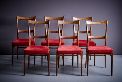 Ico Parisi Set of 6 Rosewood Dining Chairs in the manner of Ico Parisi with red upholstery