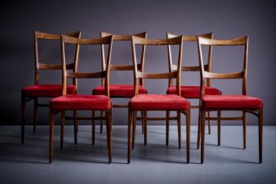Ico Parisi Set of 6 Rosewood Dining Chairs in the manner of Ico Parisi with red upholstery