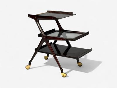 Ico Parisi Style Italian Modern Wood Brass Glass Bar Cart Italy 1950s