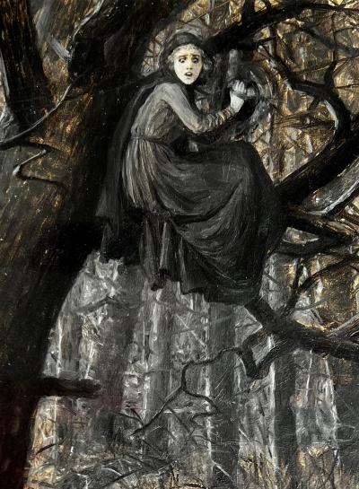 Ida Waugh Hungry Wolves Hunt a Women Up a Tree at Night Gay Female Illustrator 1890