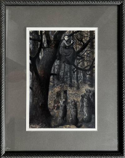 Ida Waugh Hungry Wolves Hunt a Women Up a Tree at Night Gay Female Illustrator 1890