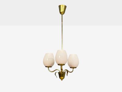 Idman Finnish Modern Pendant Light Brass Pink Tinted Glass Finland 1950s