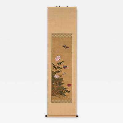 Igarashi Chikusa 19th Century Japanese Scroll Painting by Igarashi Chikusa Poppies Butterflies