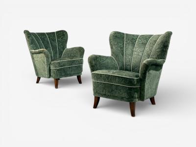 Ilmari Lappalainen Ilmari Lappalainen Lounge Chairs Beech Green Fabric Finland 1950s