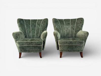 Ilmari Lappalainen Ilmari Lappalainen Lounge Chairs Beech Green Fabric Finland 1950s