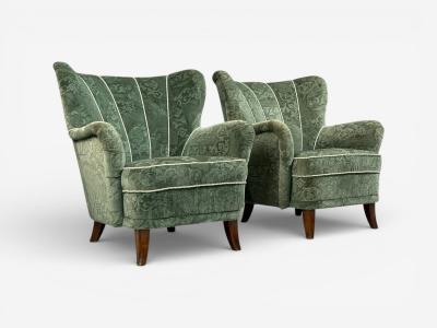 Ilmari Lappalainen Ilmari Lappalainen Lounge Chairs Beech Green Fabric Finland 1950s
