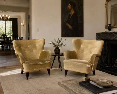 Ilmari Lappalainen Lounge Chairs Beech Velvet Finland 1950s