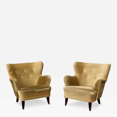 Ilmari Lappalainen Lounge Chairs Beech Velvet Finland 1950s