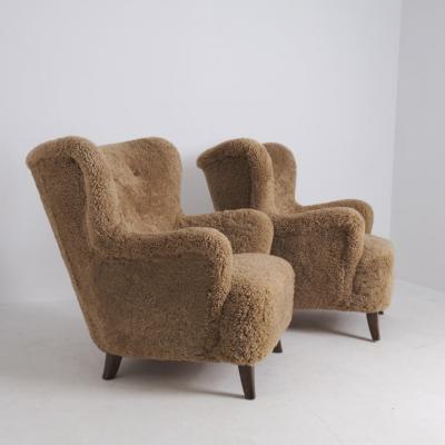 Ilmari Lappalainen Pair Of Ilmari Lappalainen Laila Arm Chairs 238 in Maple Sheepskin Asko 1940s