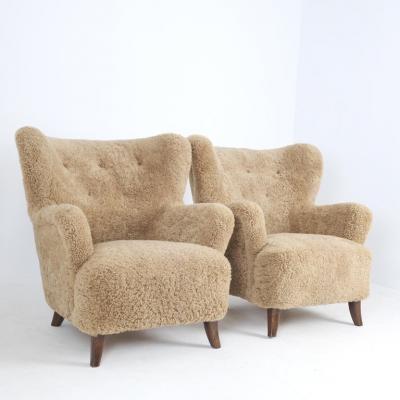 Ilmari Lappalainen Pair Of Ilmari Lappalainen Laila Arm Chairs 238 in Maple Sheepskin Asko 1940s
