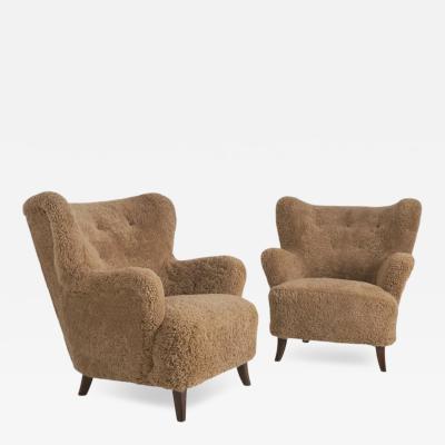 Ilmari Lappalainen Pair Of Ilmari Lappalainen Laila Arm Chairs 238 in Maple Sheepskin Asko 1940s
