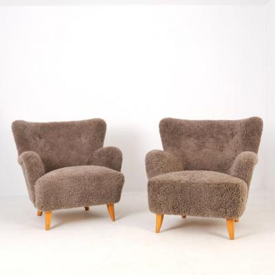 Ilmari Lappalainen Pair Of Ilmari Lappalainen Laila Armchairs Model 238 in Sheepskin Asko 1940s