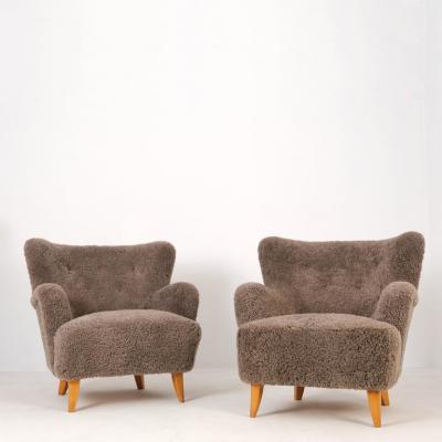 Ilmari Lappalainen Pair Of Ilmari Lappalainen Laila Armchairs Model 238 in Sheepskin Asko 1940s