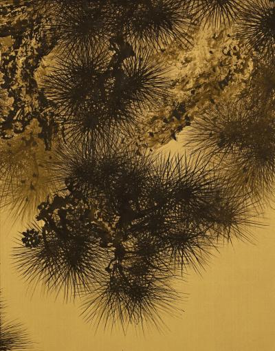 Imao Keisho Early 20th Century Japanese Screen Pair Ink Pine Trees on Gold